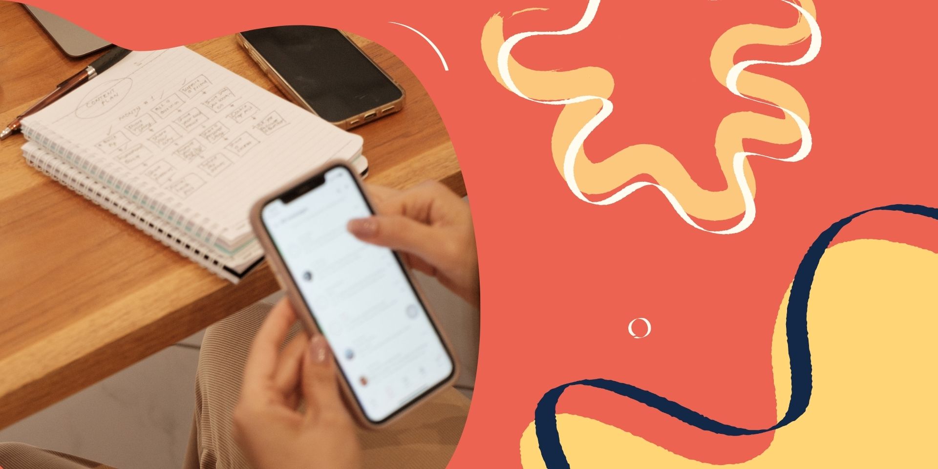 Organic shapes with yellow and orange; phone social media