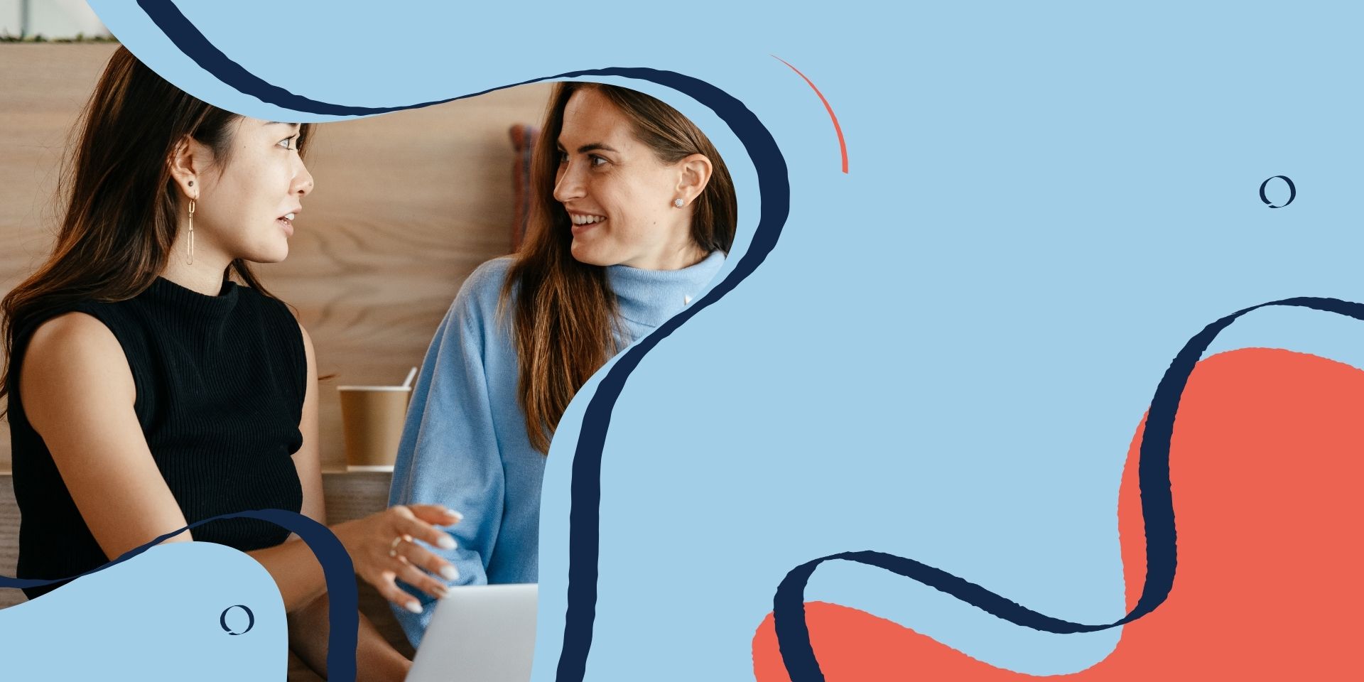 Create powerful LinkedIn pages Organic graphics with light blue, orange and dark blue with image of two women