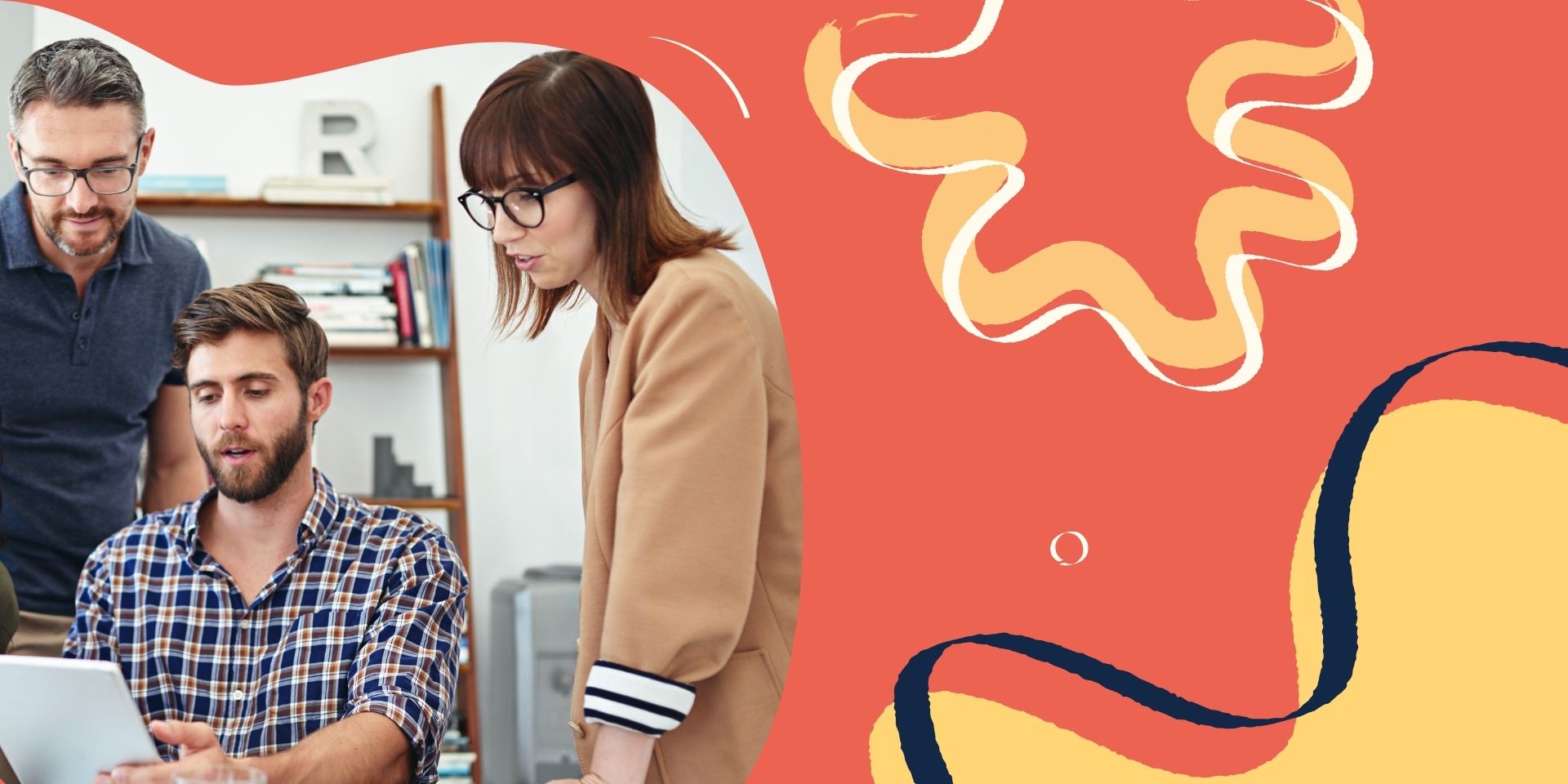 Orange and yellow branding with image of marketing team